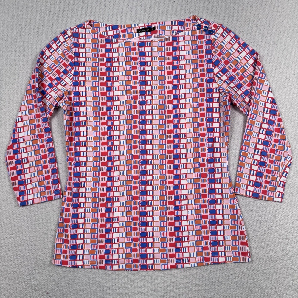 J McLaughlin Signature Tee Womens XS Catalina Cloth 3/4 Sleeve Top Geometric